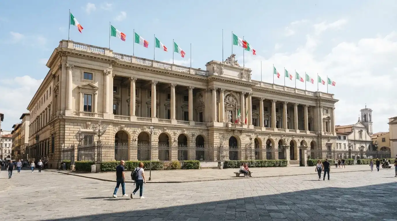 Palazzo istituzionale con bandiere al vento in una piazza soleggiata — 100 giri gratis senza deposito