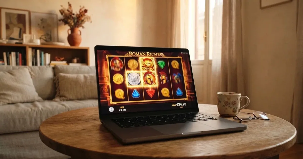 Rulli di una slot in movimento sullo schermo di un computer in un salotto — 100 giri gratis senza deposito