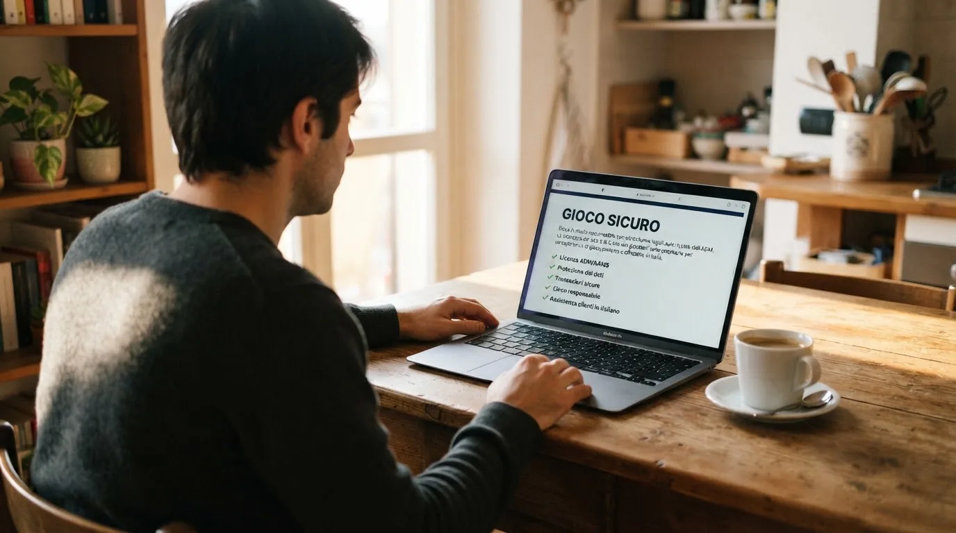 Persona davanti a un portatile che legge una pagina informativa sul gioco online in Italia — 25, 30, 50, 100, 200 giri gratis senza deposito