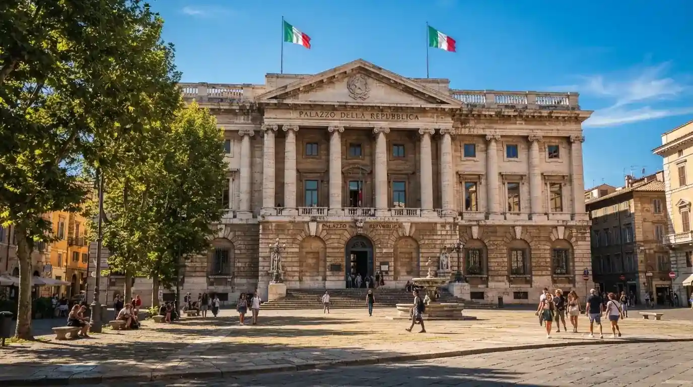 Palazzo istituzionale con bandiere al vento in una piazza soleggiata — 25, 30, 50, 100, 200 giri gratis senza deposito