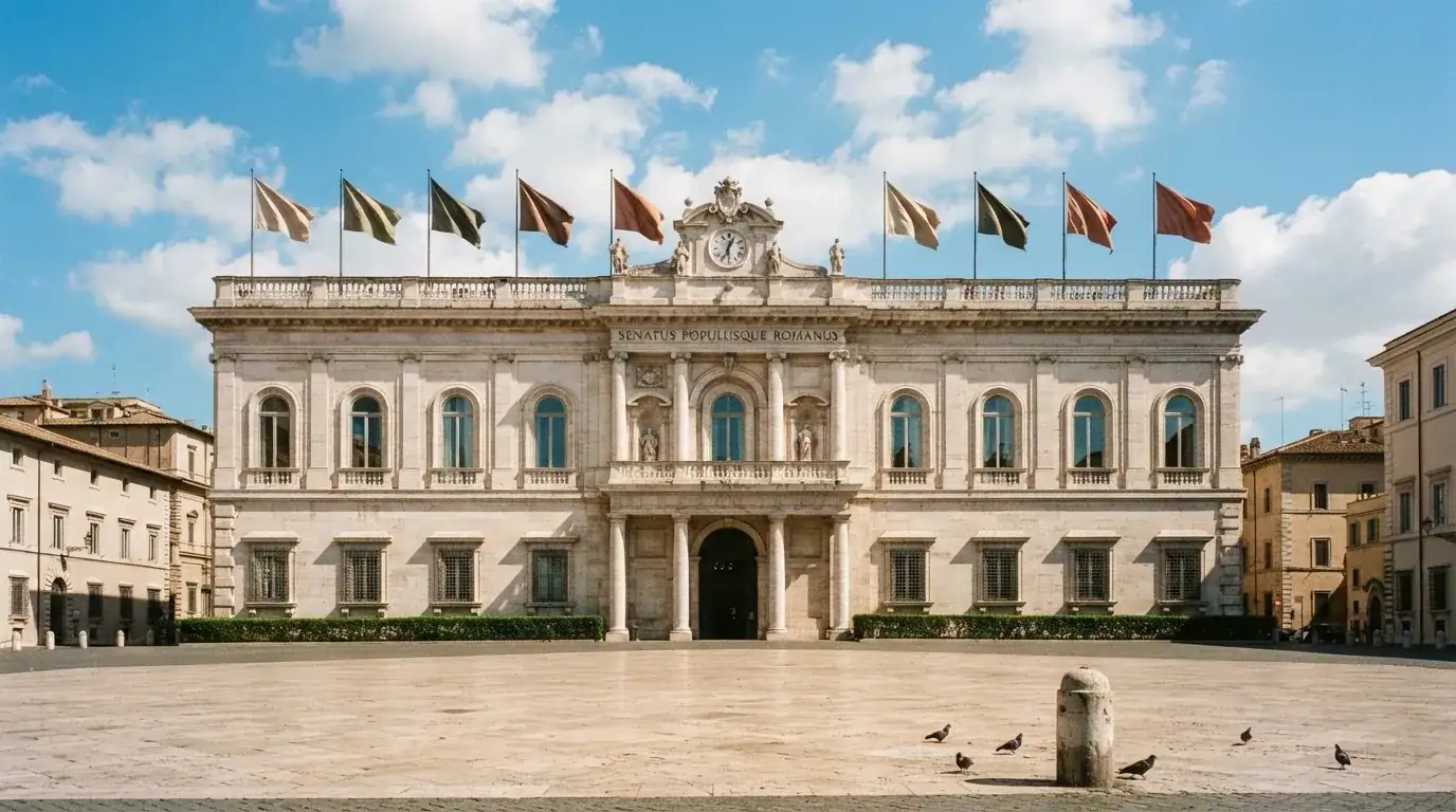 Palazzo istituzionale con bandiere al vento in una piazza soleggiata — 50 free spins senza deposito
