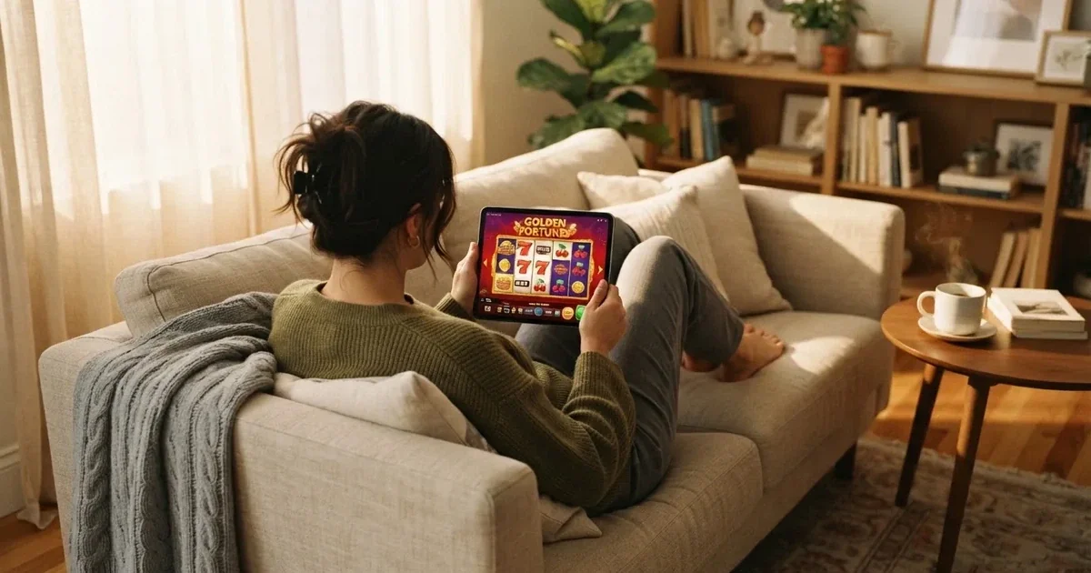 Giocatore sul divano con un tablet, tazza di caffè sul tavolino, luce calda — 50 free spins senza deposito