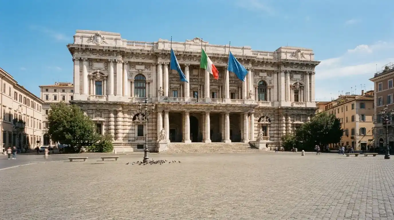 Palazzo istituzionale con bandiere al vento in una piazza soleggiata — big time gaming live casino italia