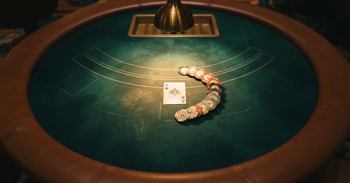 Tavolo da gioco illuminato con carte e fiches visto dall'alto — big time gaming live casino italia