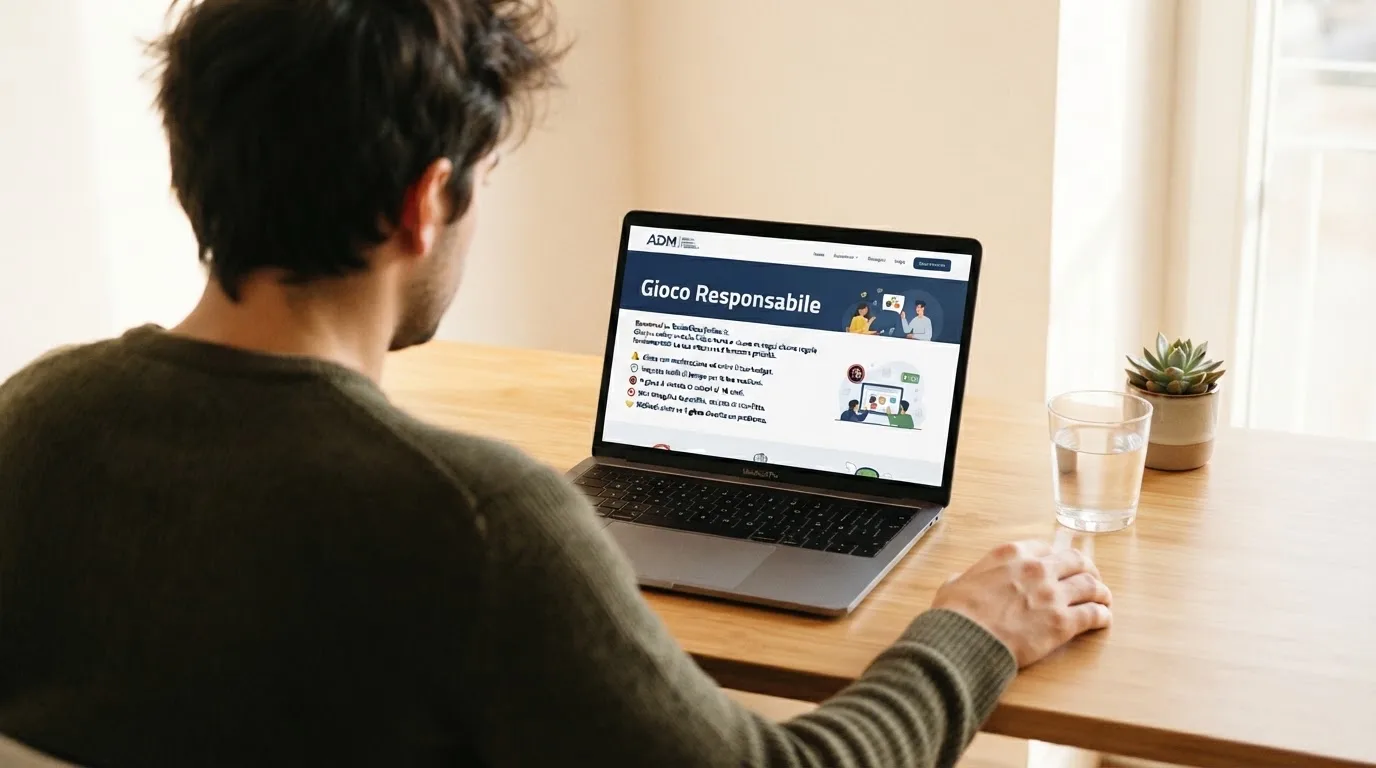 Persona davanti a un portatile che legge una pagina informativa sul gioco online in Italia — bonus casino 100%