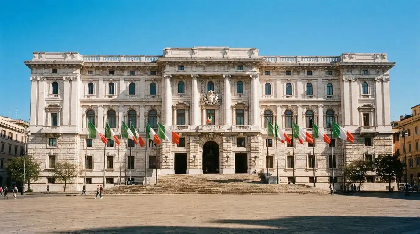 Palazzo istituzionale con bandiere al vento in una piazza soleggiata — bonus casino 100%