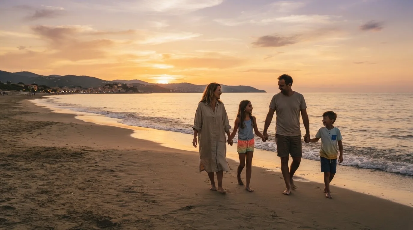 Una famiglia cammina insieme lungo una spiaggia al tramonto, lontana da schermi e dispositivi elettronici.