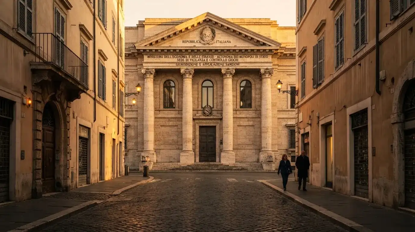 Un edificio istituzionale italiano con colonne classiche fotografato al tramonto lungo una strada acciottolata del centro città.