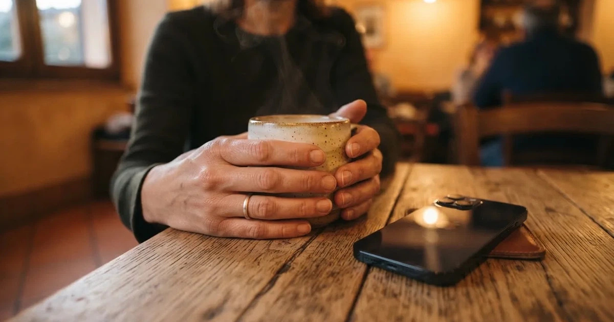 Mani di una persona che tengono una tazza di caffè accanto a uno smartphone appoggiato schermo verso il basso su un tavolo in legno.