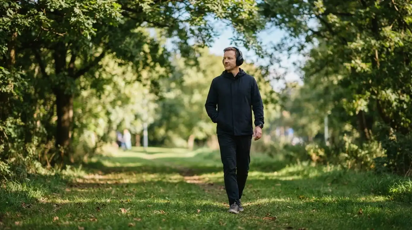 Un uomo cammina all'aperto in un parco cittadino indossando cuffie, lontano da qualsiasi dispositivo elettronico acceso.