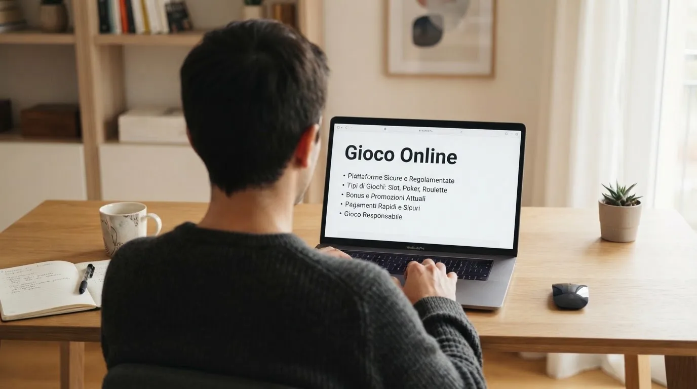 Persona davanti a un portatile che legge una pagina informativa sul gioco online in Italia — casinò che accettano bitcoin