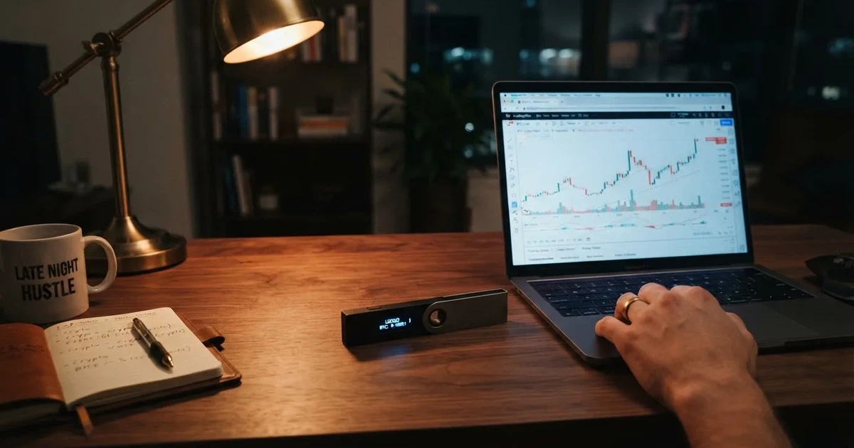 Portafoglio hardware accanto a un portatile su una scrivania scura con lampada — casinò che accettano bitcoin