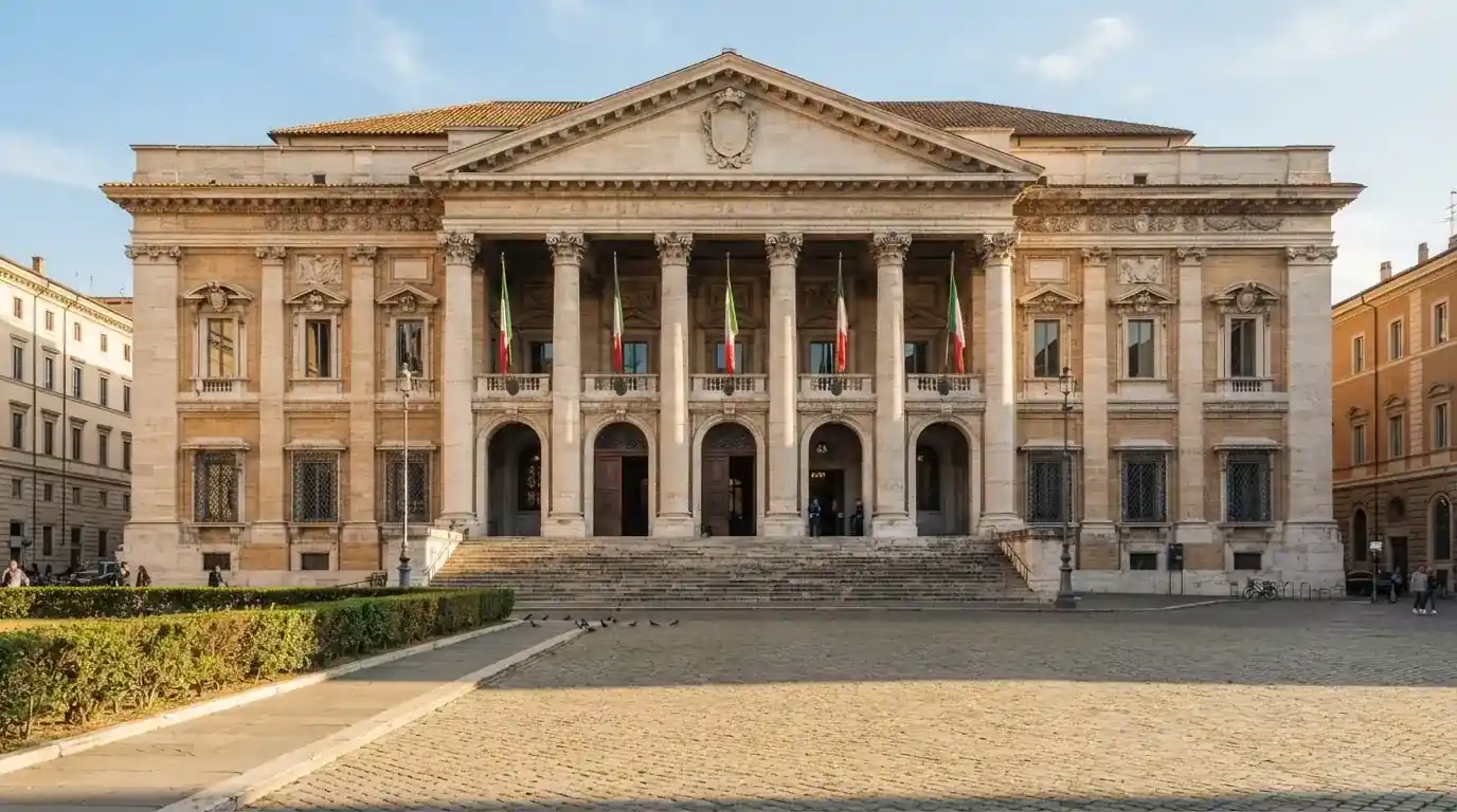 Palazzo istituzionale con bandiere al vento in una piazza soleggiata — casino com app android