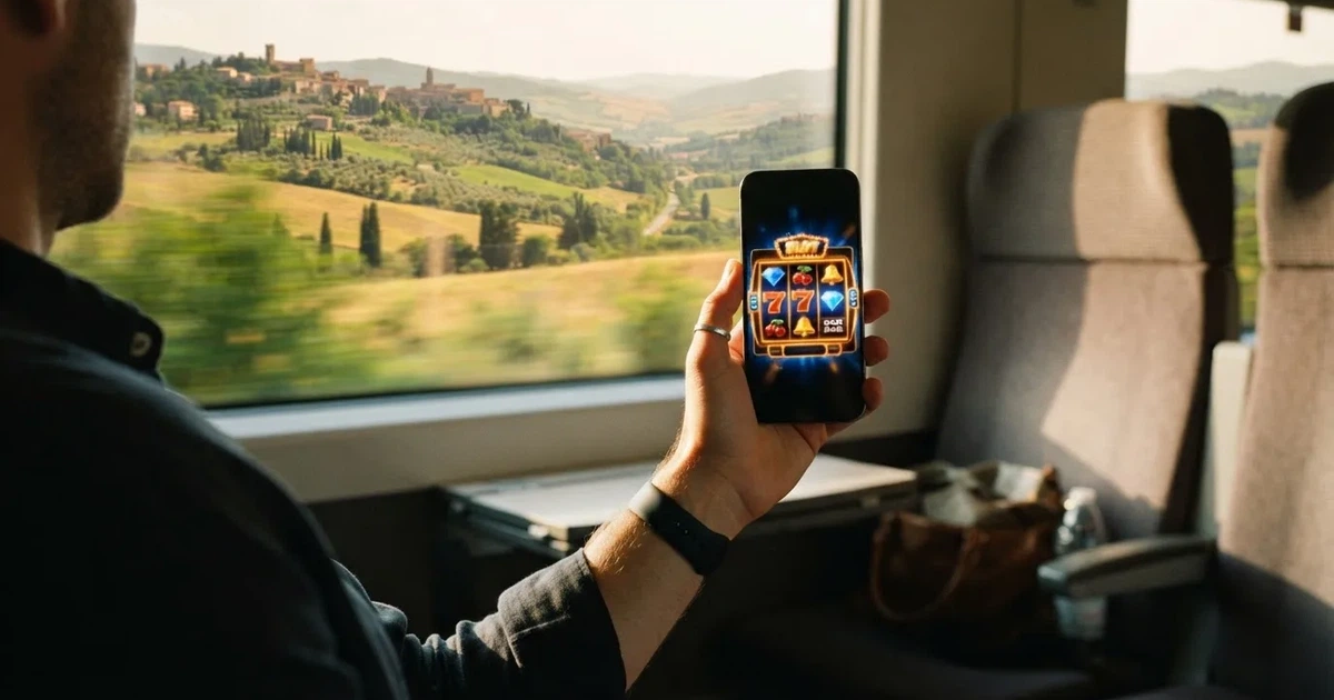 Smartphone in mano su un treno, paesaggio sfocato dal finestrino — casino com app android