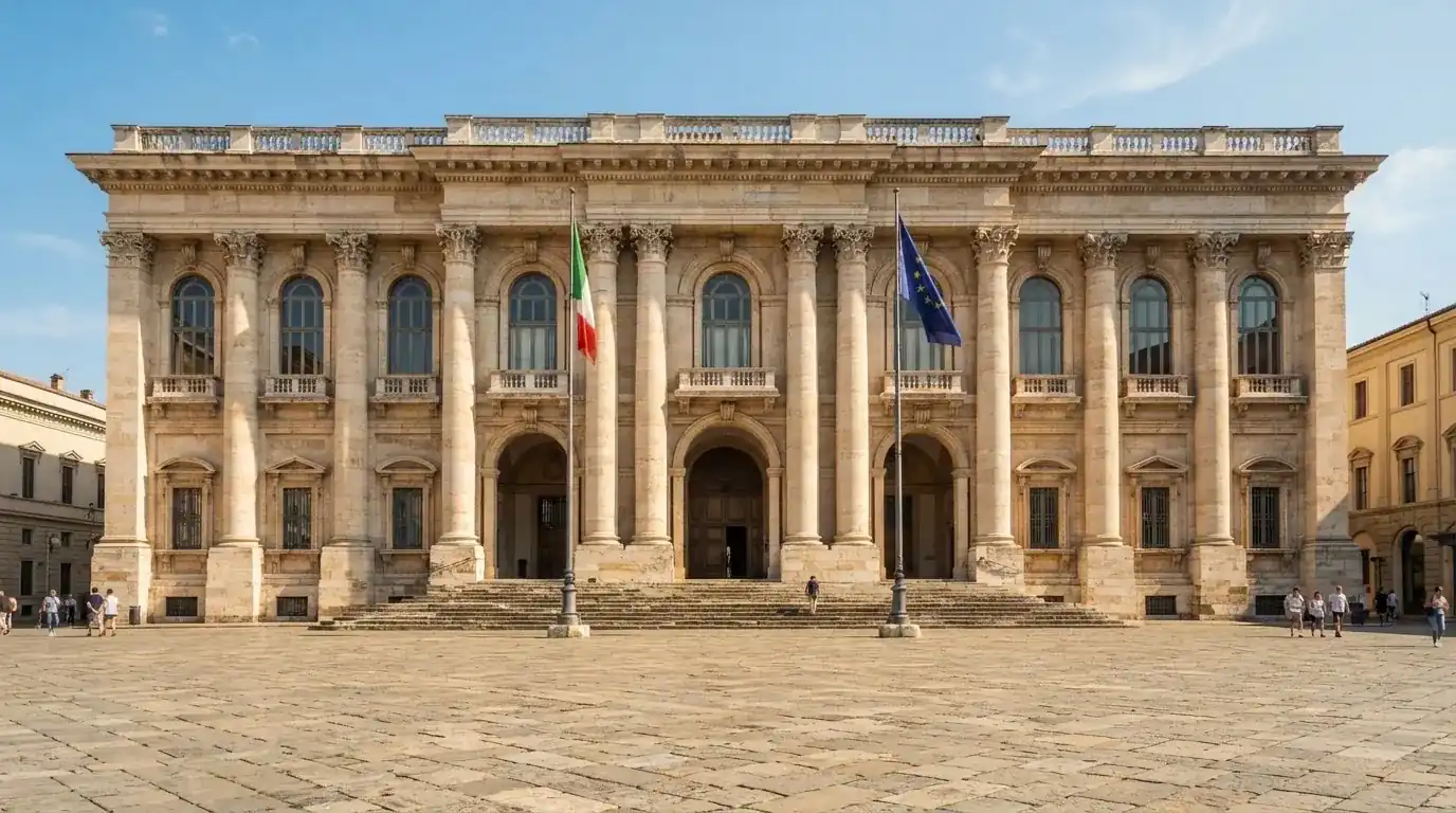 Palazzo istituzionale con bandiere al vento in una piazza soleggiata — casino com app iphone