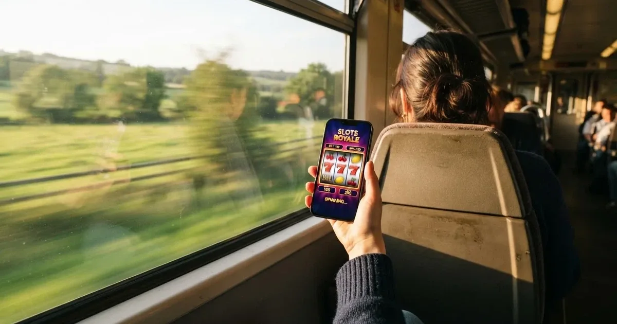 Smartphone in mano su un treno, paesaggio sfocato dal finestrino — casino com app iphone