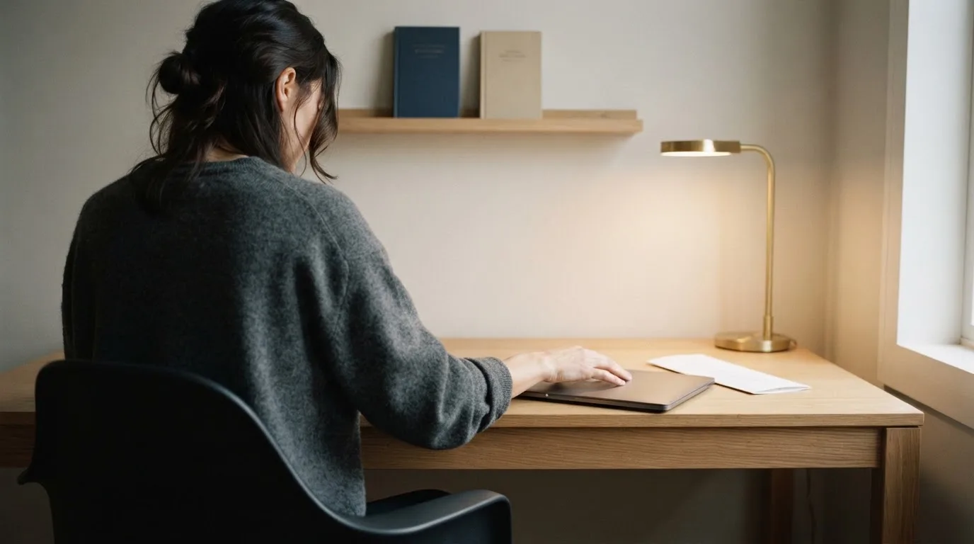 Una persona seduta a una scrivania minimalista con un laptop chiuso e una lampada accesa in un ufficio domestico ordinato.
