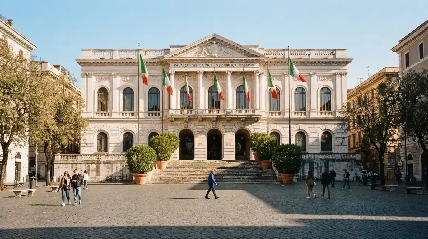 Palazzo istituzionale con bandiere al vento in una piazza soleggiata — casino dal vivo online