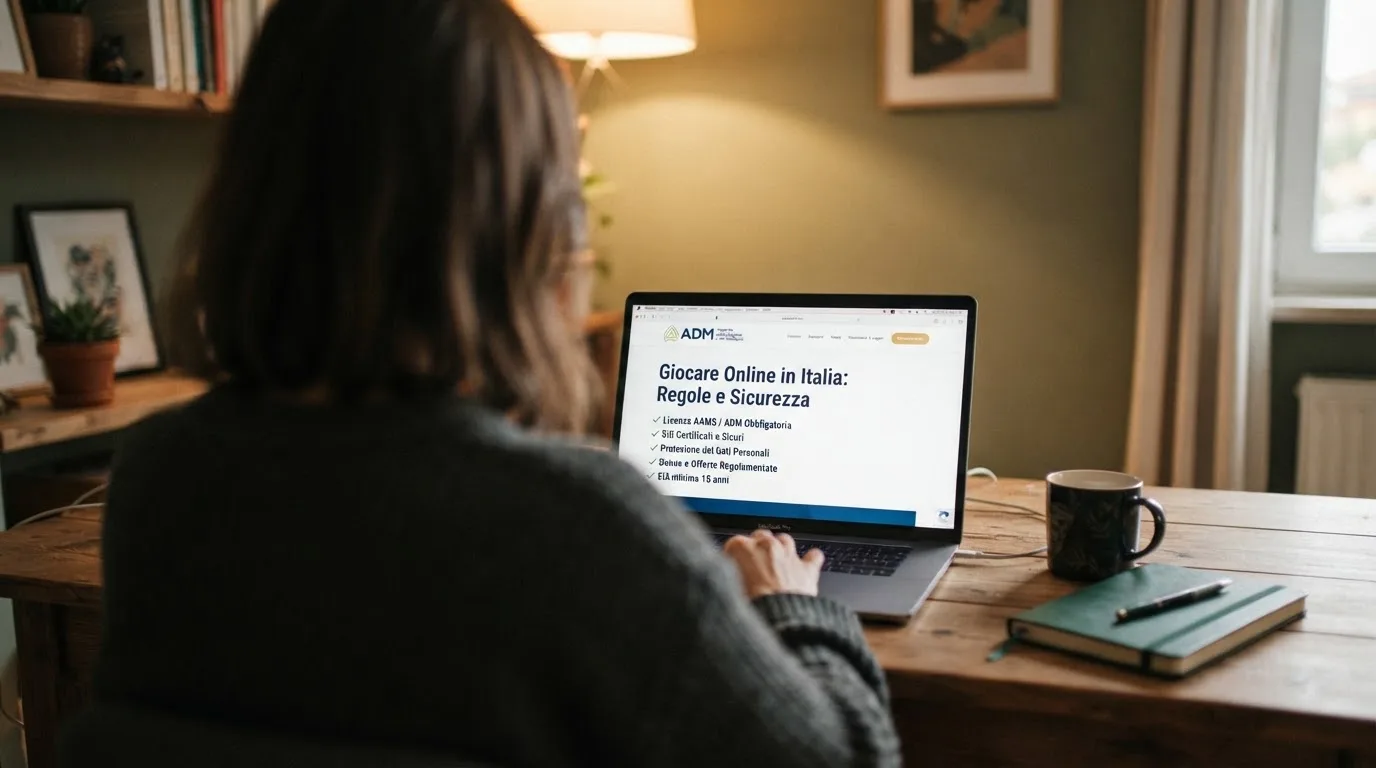 Persona davanti a un portatile che legge una pagina informativa sul gioco online in Italia — casino deposito minimo 1, 5, 10 e 20 euro