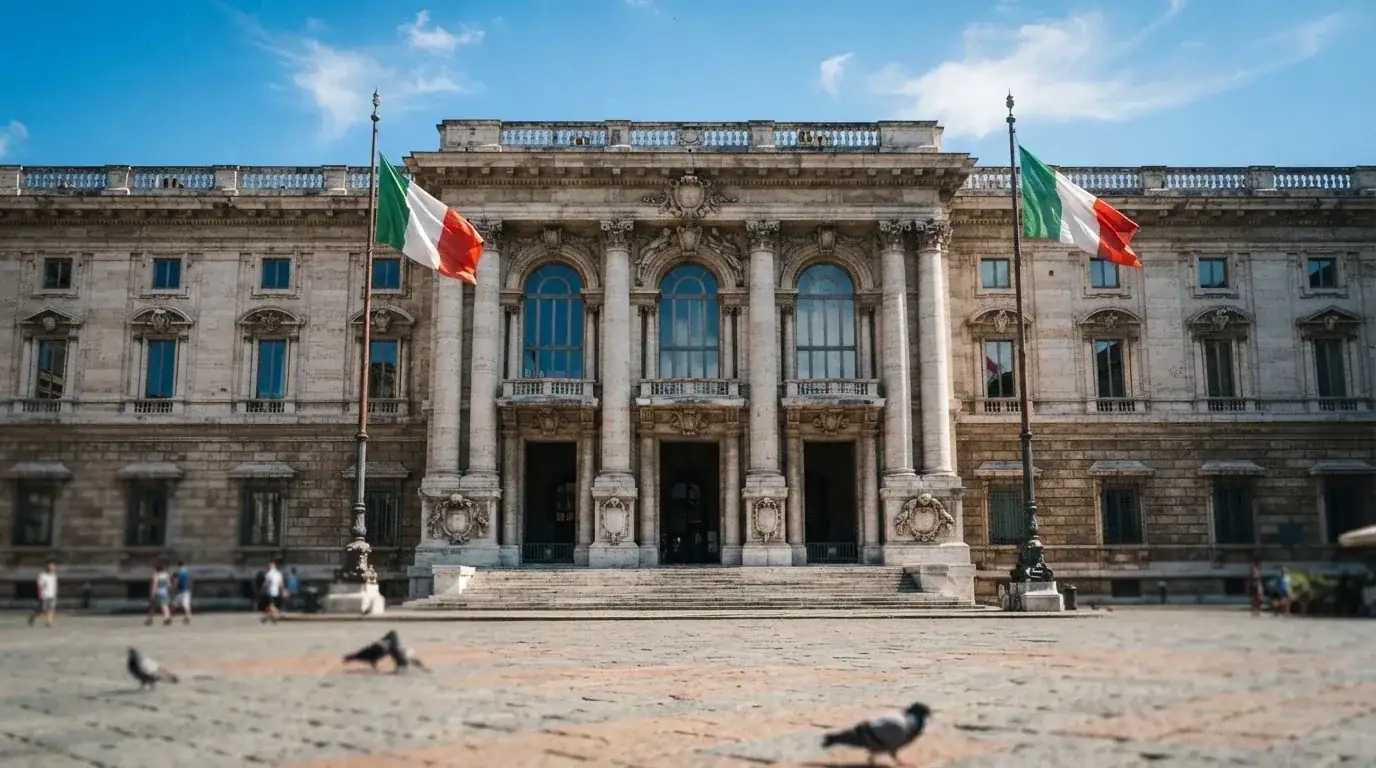 Palazzo istituzionale con bandiere al vento in una piazza soleggiata — casino deposito minimo 1, 5, 10 e 20 euro