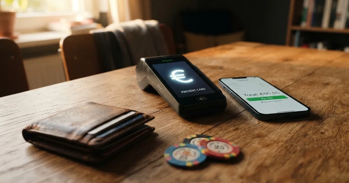 Terminale di pagamento e smartphone su un tavolo di legno accanto a un portafoglio — casino deposito minimo 1, 5, 10 e 20 euro