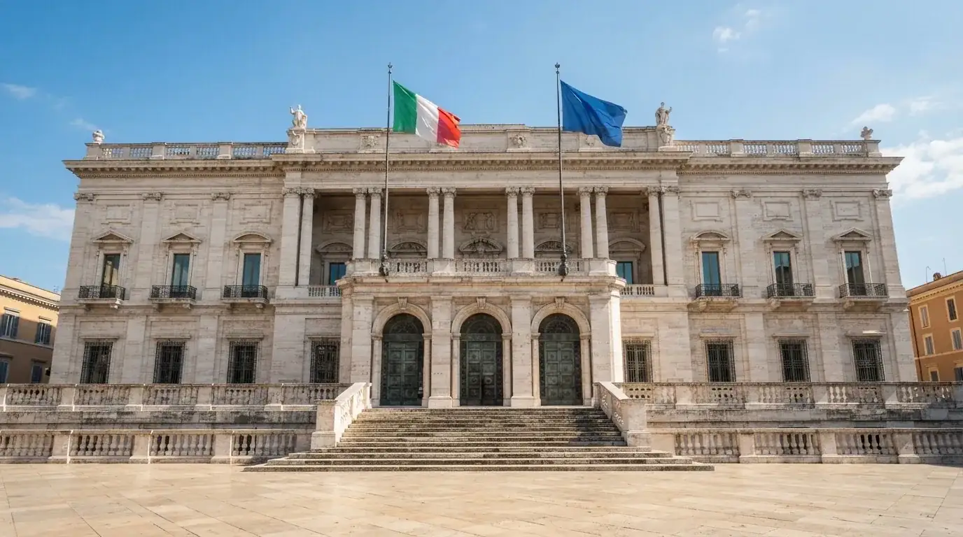 Palazzo istituzionale con bandiere al vento in una piazza soleggiata — casino deposito minimo 1 euro