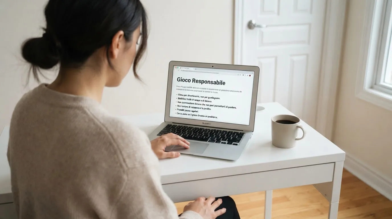 Persona davanti a un portatile che legge una pagina informativa sul gioco online in Italia — casino deposito minimo 10 centesimi