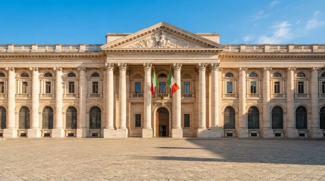 Palazzo istituzionale con bandiere al vento in una piazza soleggiata — casino deposito minimo 10 centesimi