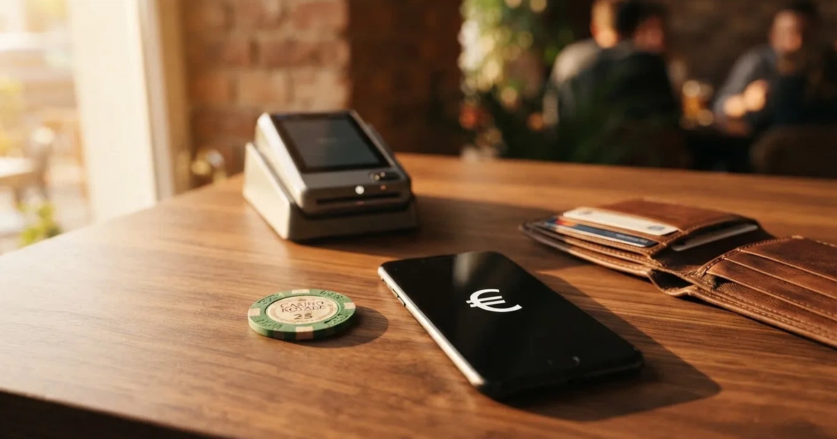 Terminale di pagamento e smartphone su un tavolo di legno accanto a un portafoglio — casino deposito minimo 10 centesimi