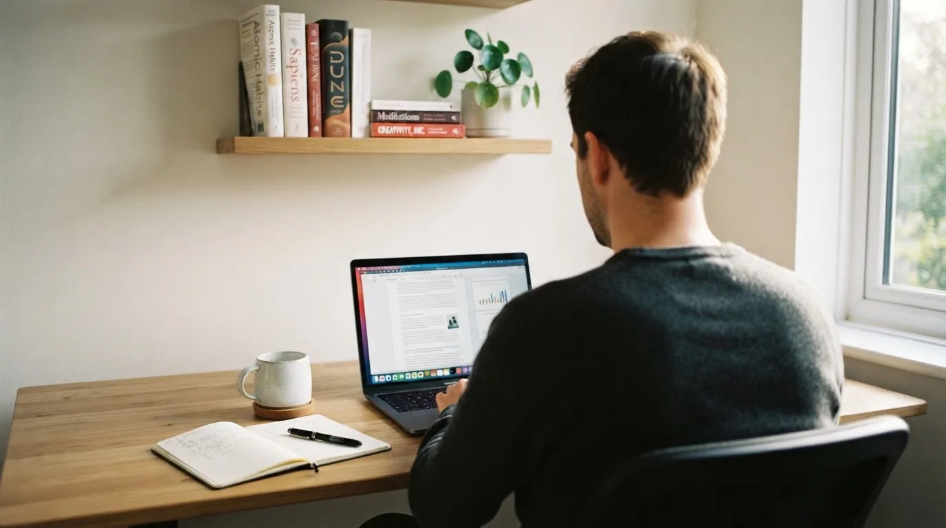 Un uomo seduto alla scrivania osserva pensieroso il monitor di un computer portatile, in una stanza ordinata con una tazza di caffè accanto.