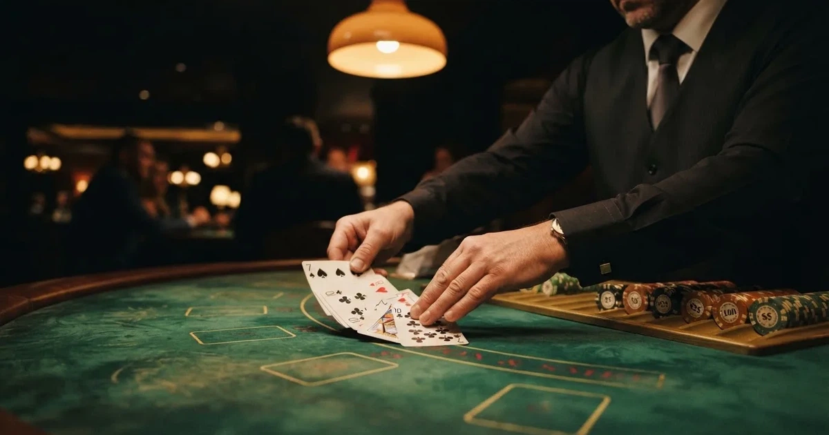 Un croupier distribuisce carte su un tavolo da gioco elegante, illuminato da luci soffuse in una sala professionale.