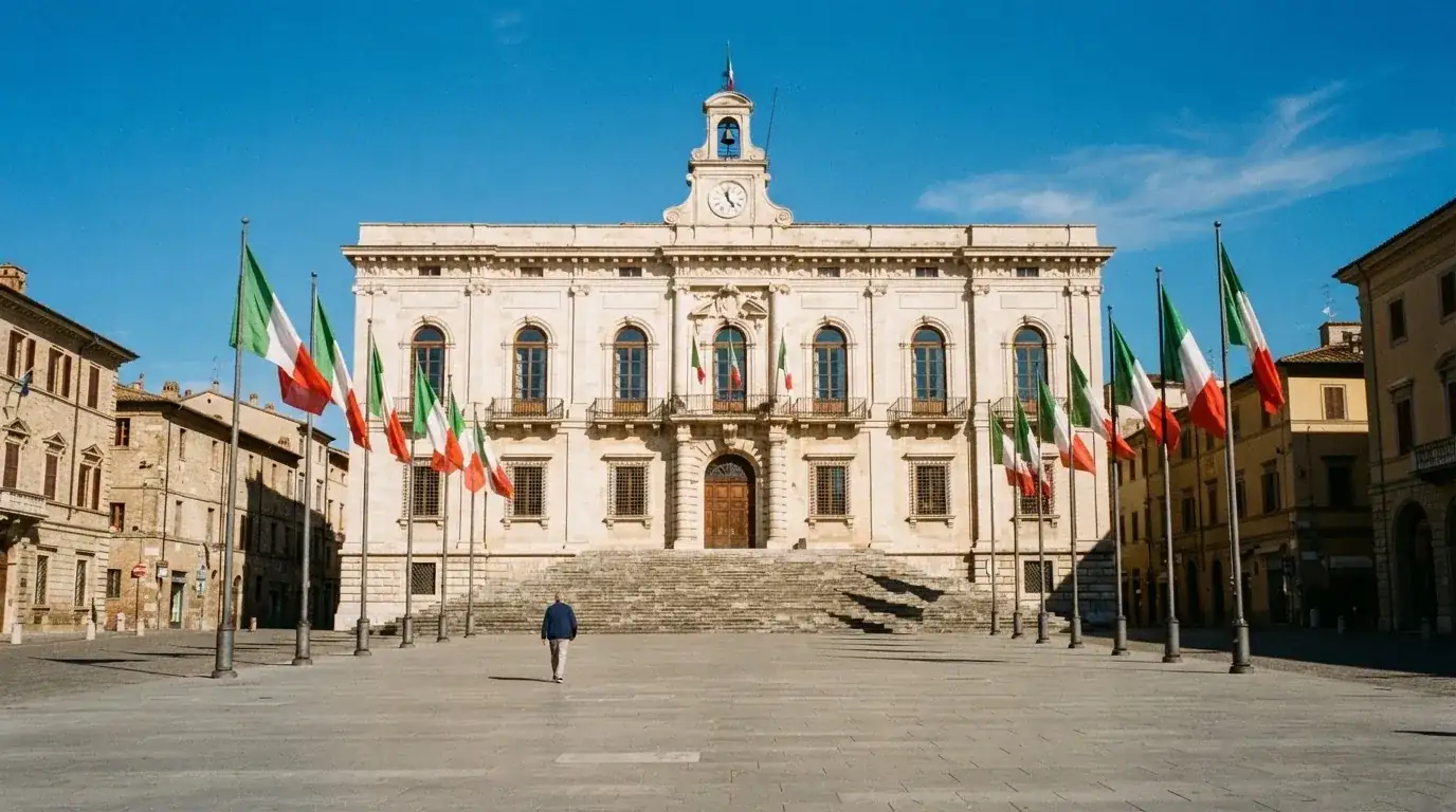Palazzo istituzionale con bandiere al vento in una piazza soleggiata — casino metodi di pagamento italia