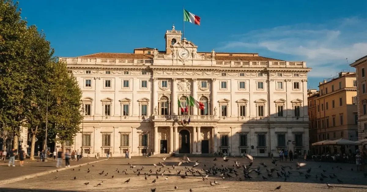 Palazzo istituzionale con bandiere al vento in una piazza soleggiata — casino no adm