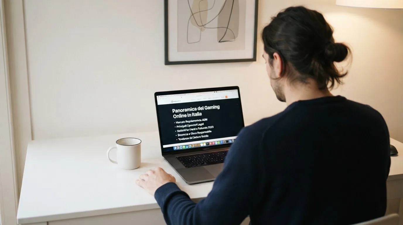 Persona davanti a un portatile che legge una pagina informativa sul gioco online in Italia — casino non aams affidabili