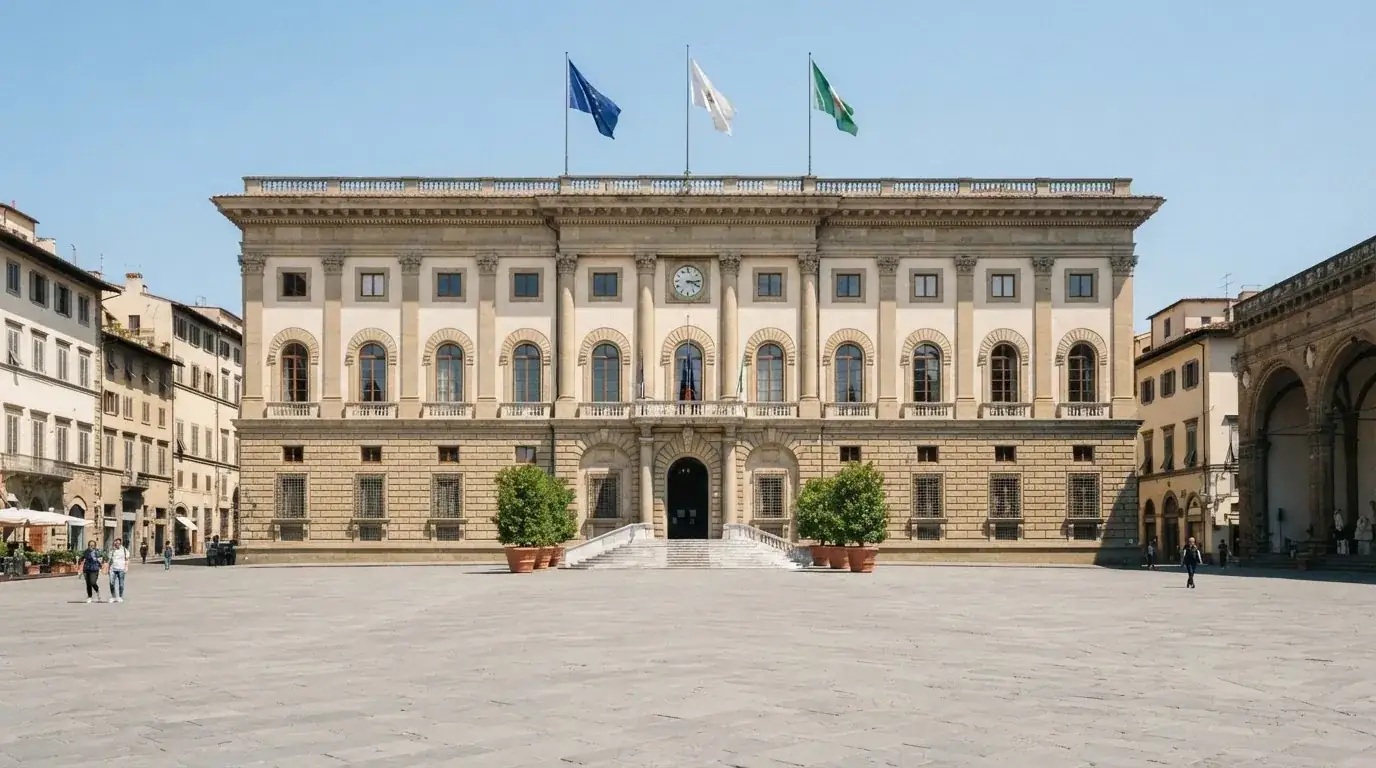Palazzo istituzionale con bandiere al vento in una piazza soleggiata — casino non aams affidabili