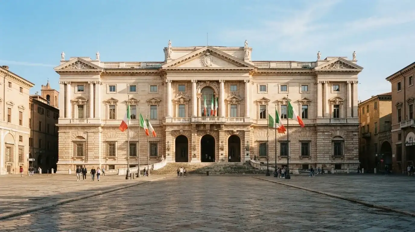 Palazzo istituzionale con bandiere al vento in una piazza soleggiata — casinò non aams che accettano dogecoin