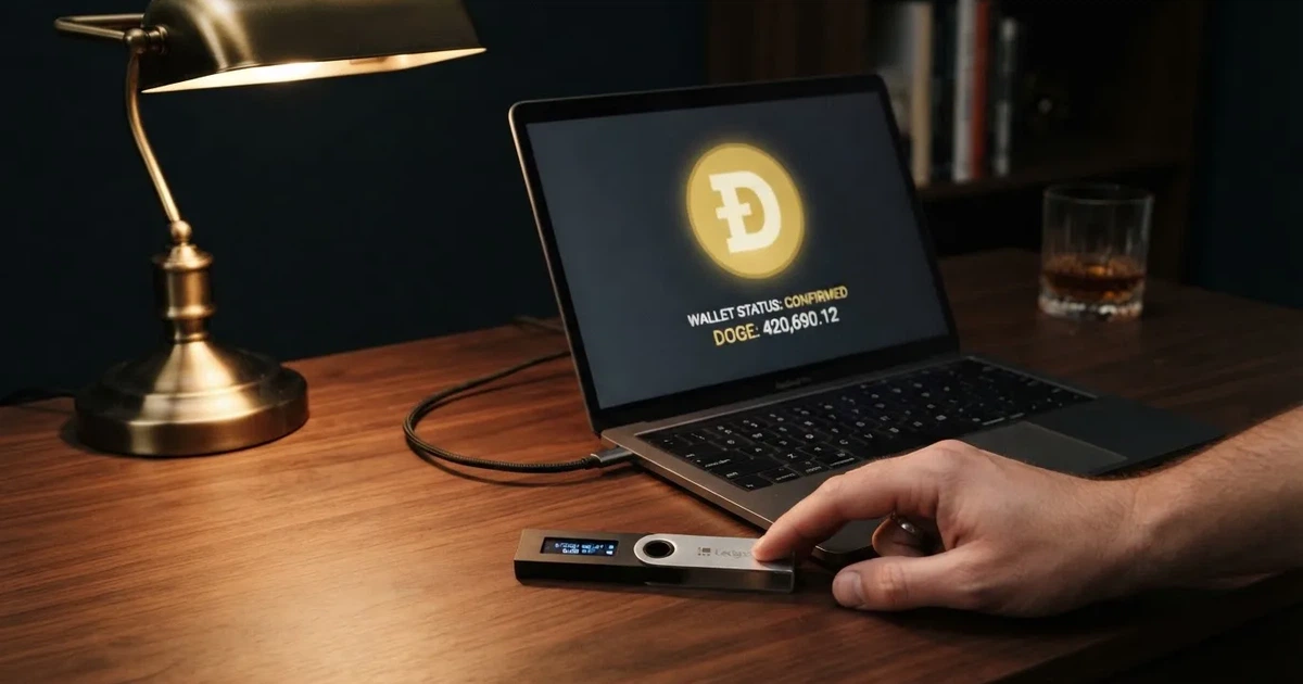 Portafoglio hardware accanto a un portatile su una scrivania scura con lampada — casinò non aams che accettano dogecoin