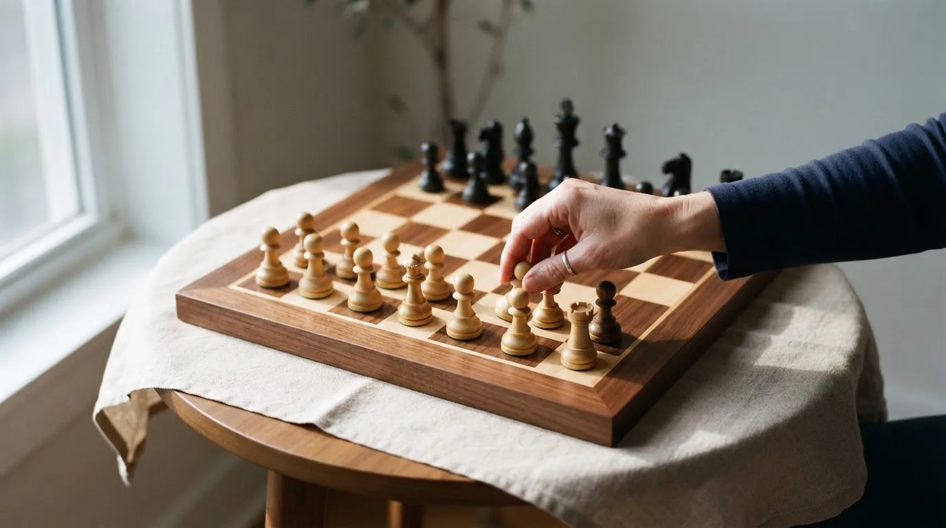 Una mano dispone pedine di scacchi in ordine su una scacchiera di legno in una stanza silenziosa.