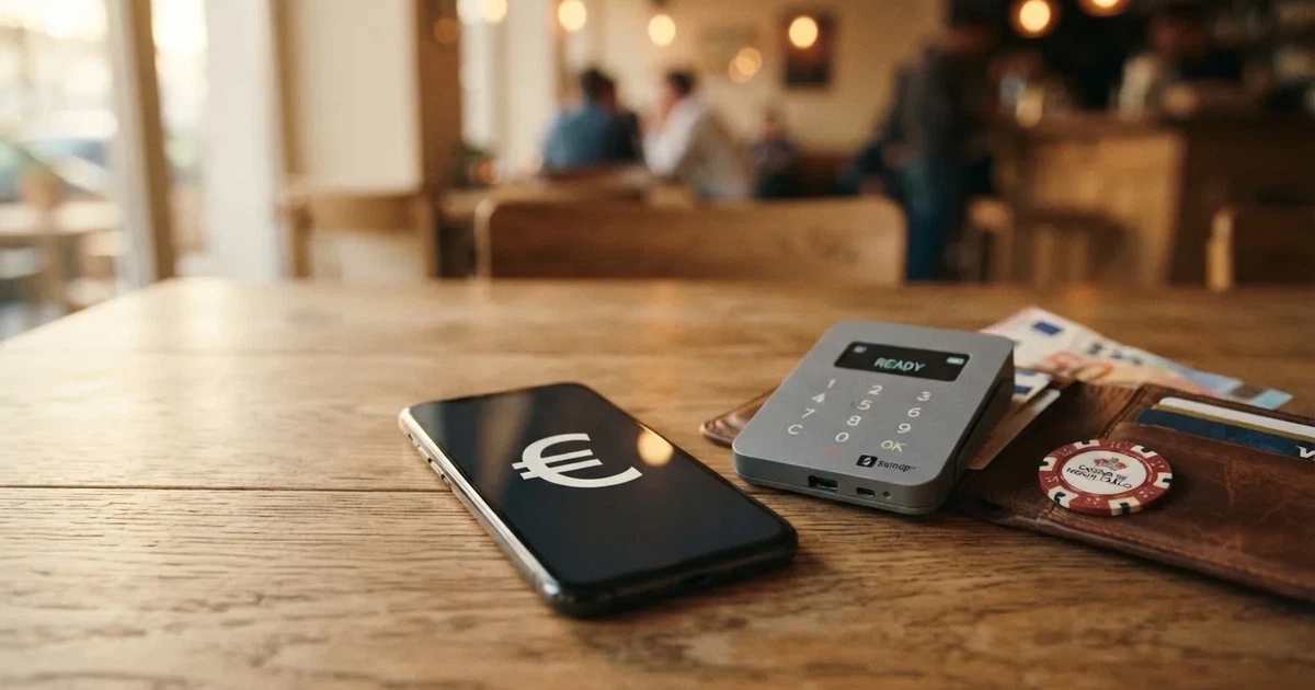 Terminale di pagamento e smartphone su un tavolo di legno accanto a un portafoglio — casino non aams che accettano postepay