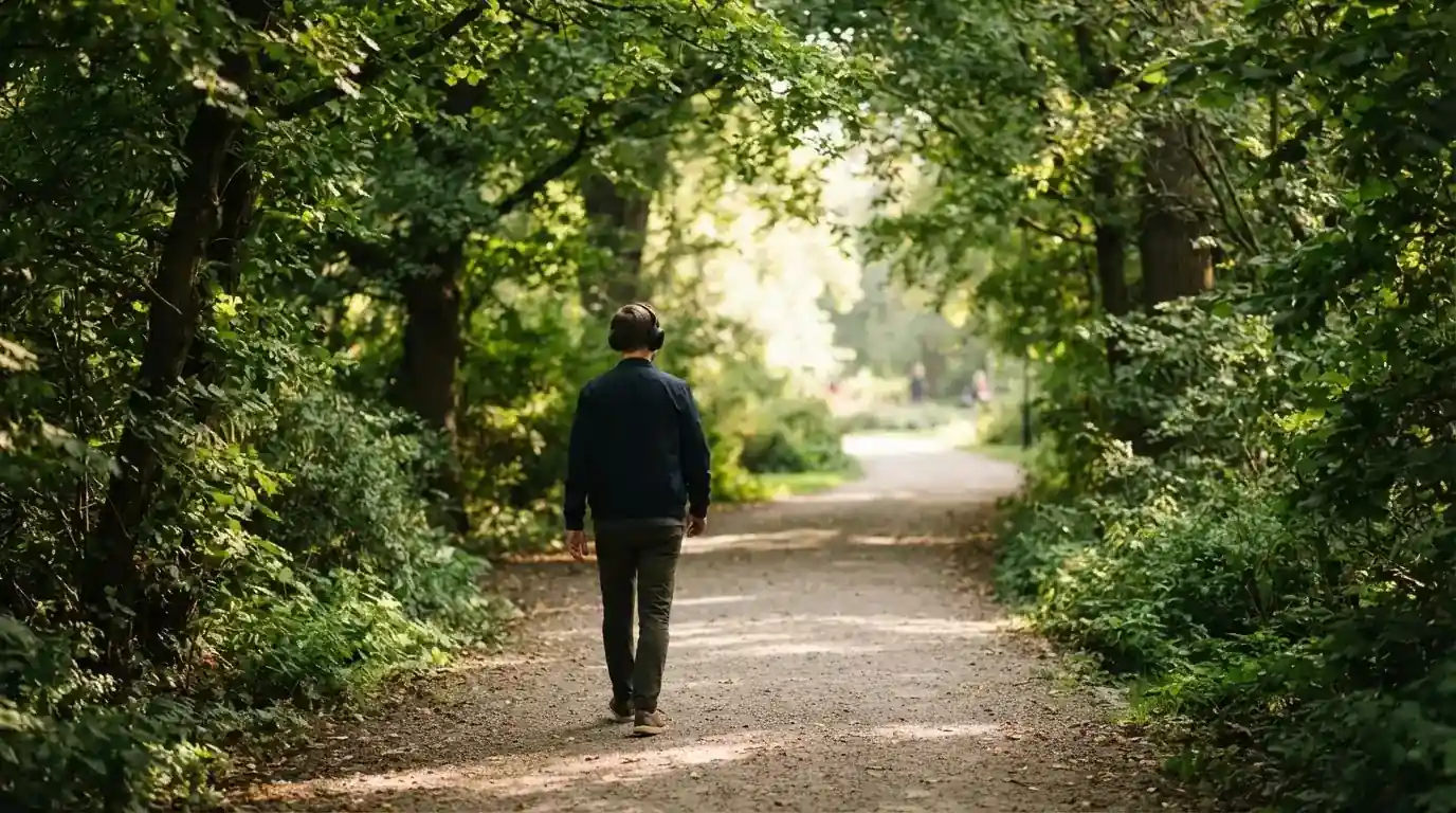 Un uomo cammina all'aperto in un parco cittadino indossando cuffie, lontano da qualsiasi dispositivo elettronico acceso.
