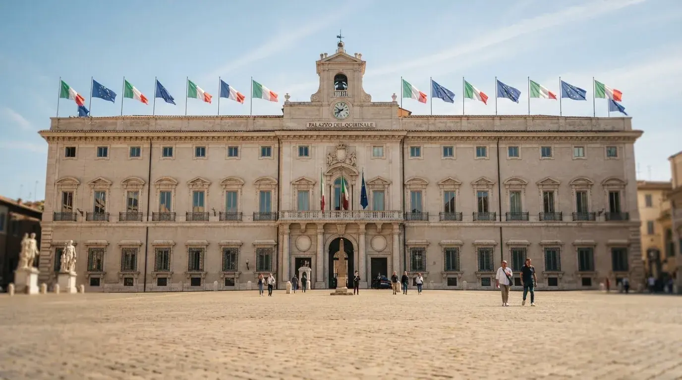 Palazzo istituzionale con bandiere al vento in una piazza soleggiata — casino online con algoritmo unbiased