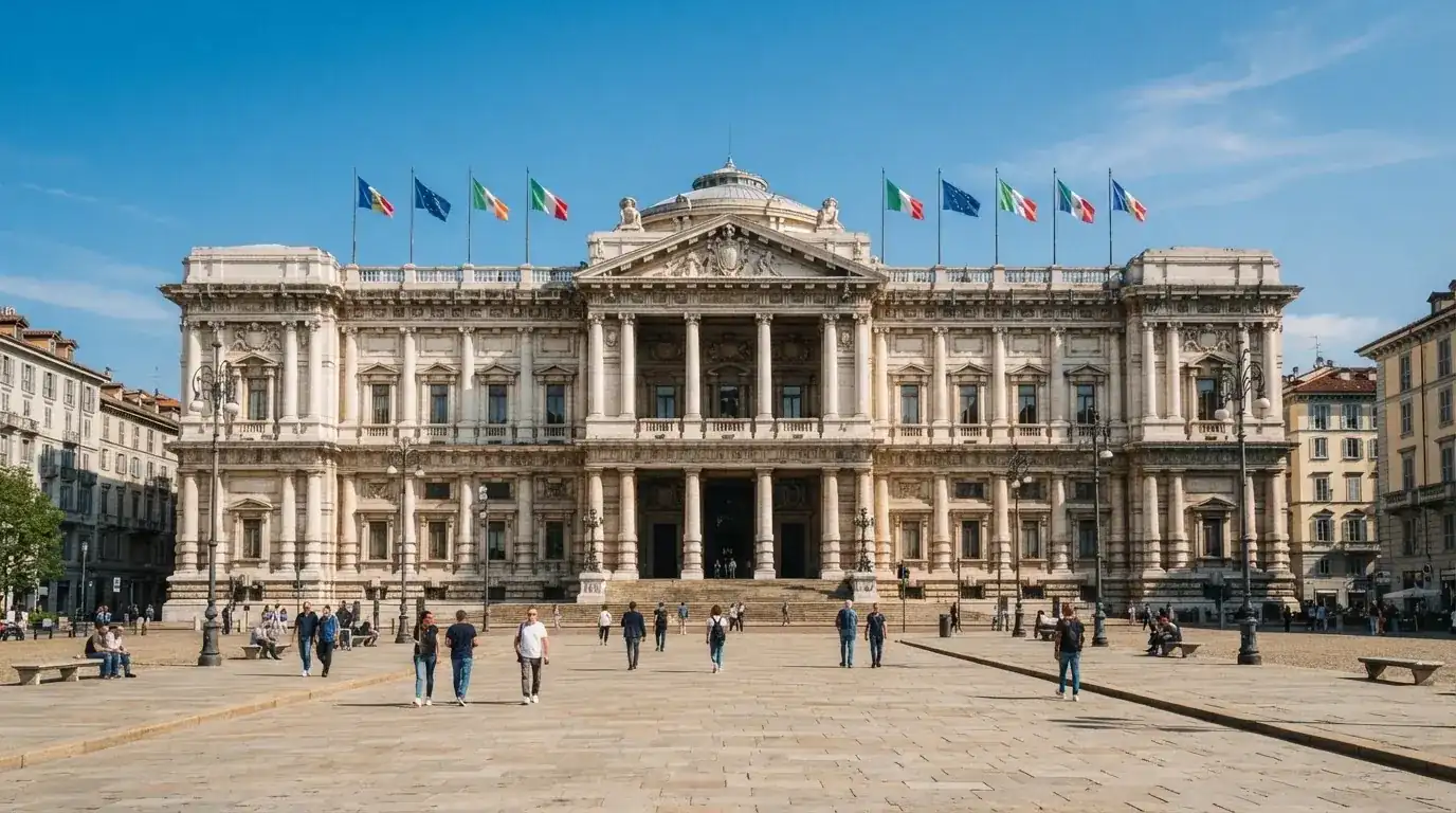 Palazzo istituzionale con bandiere al vento in una piazza soleggiata — casino online con bonus crab