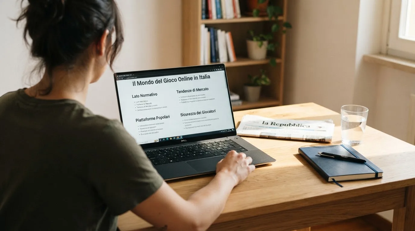 Persona davanti a un portatile che legge una pagina informativa sul gioco online in Italia — casino online con soldi finti