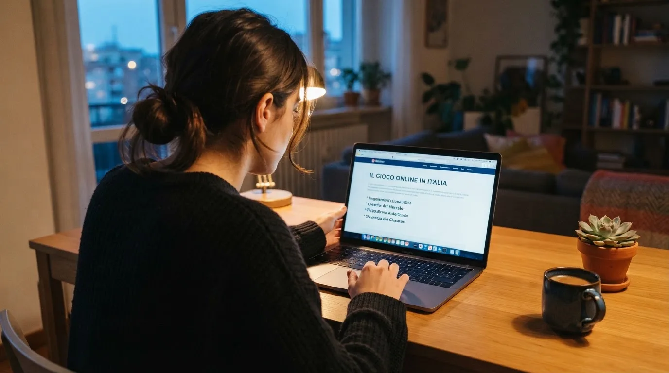Persona davanti a un portatile che legge una pagina informativa sul gioco online in Italia — casino online italiani autorizzati aams