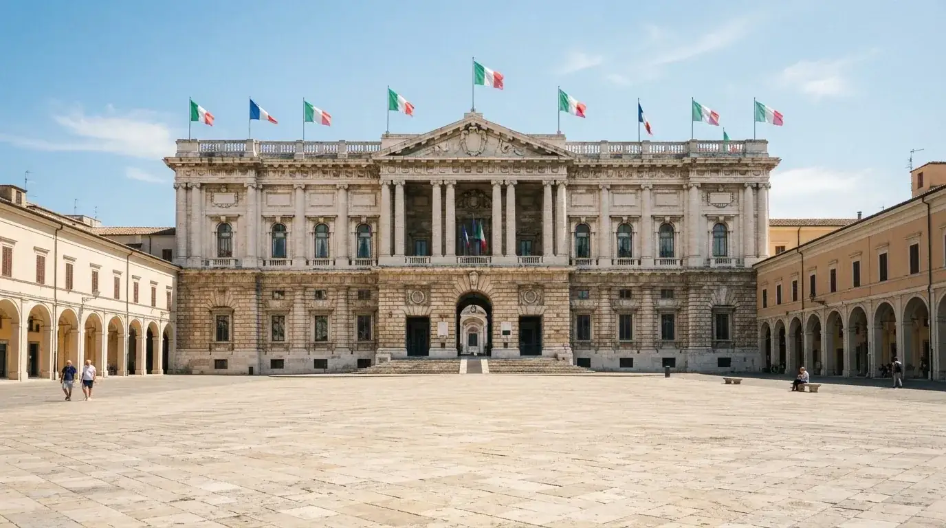 Palazzo istituzionale con bandiere al vento in una piazza soleggiata — casino online italiani senza autoesclusione