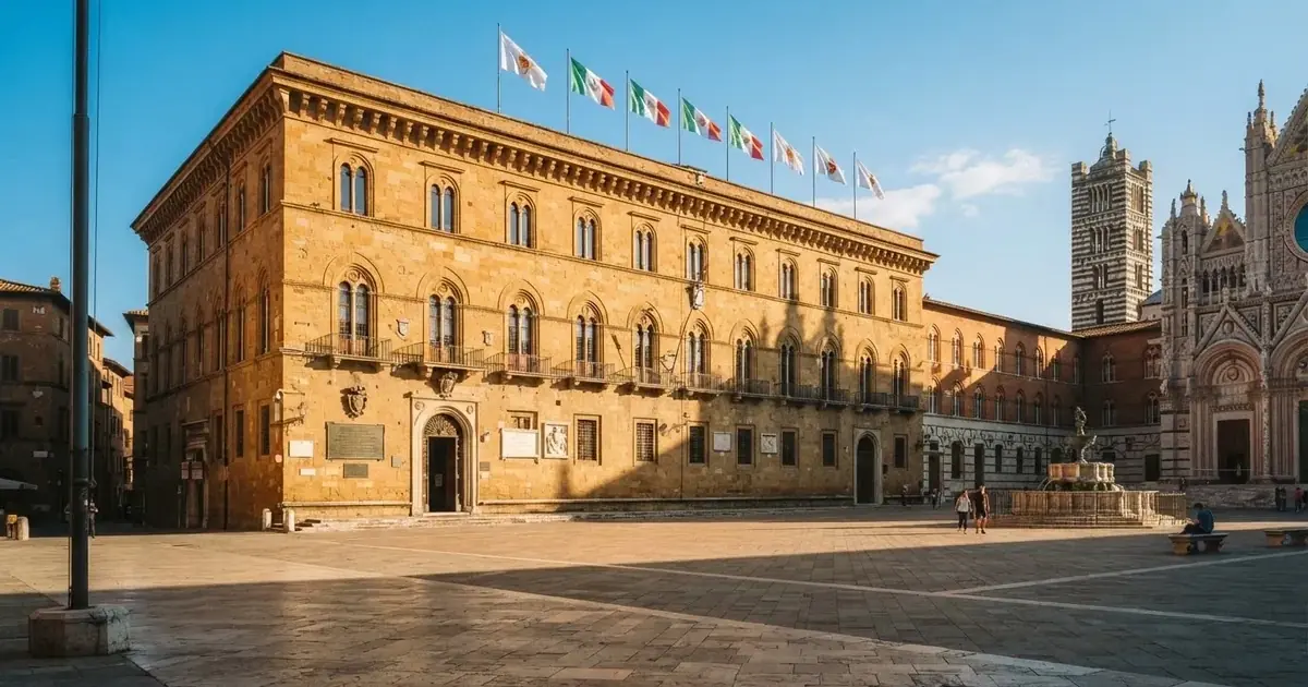 Palazzo istituzionale con bandiere al vento in una piazza soleggiata — casino online sanremo
