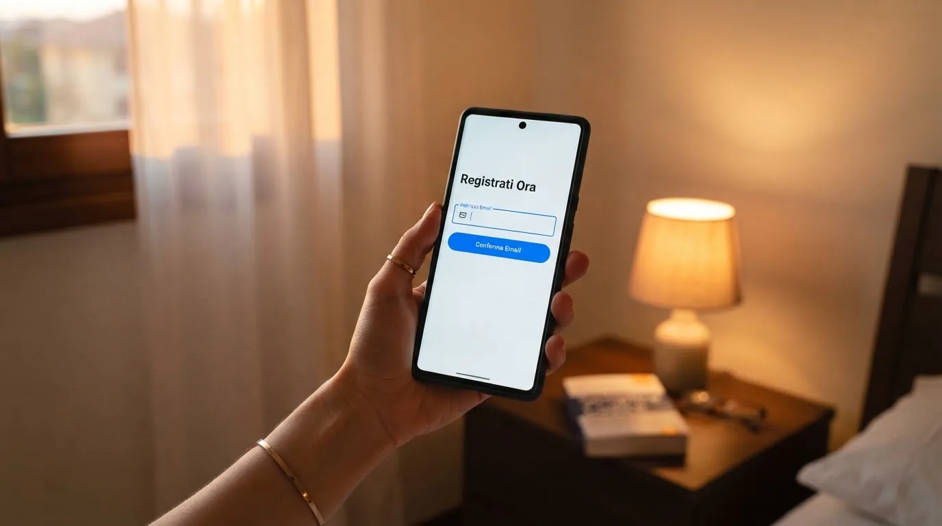 Mano che tiene uno smartphone accanto a una finestra, luce serale tranquilla — casino online sanremo