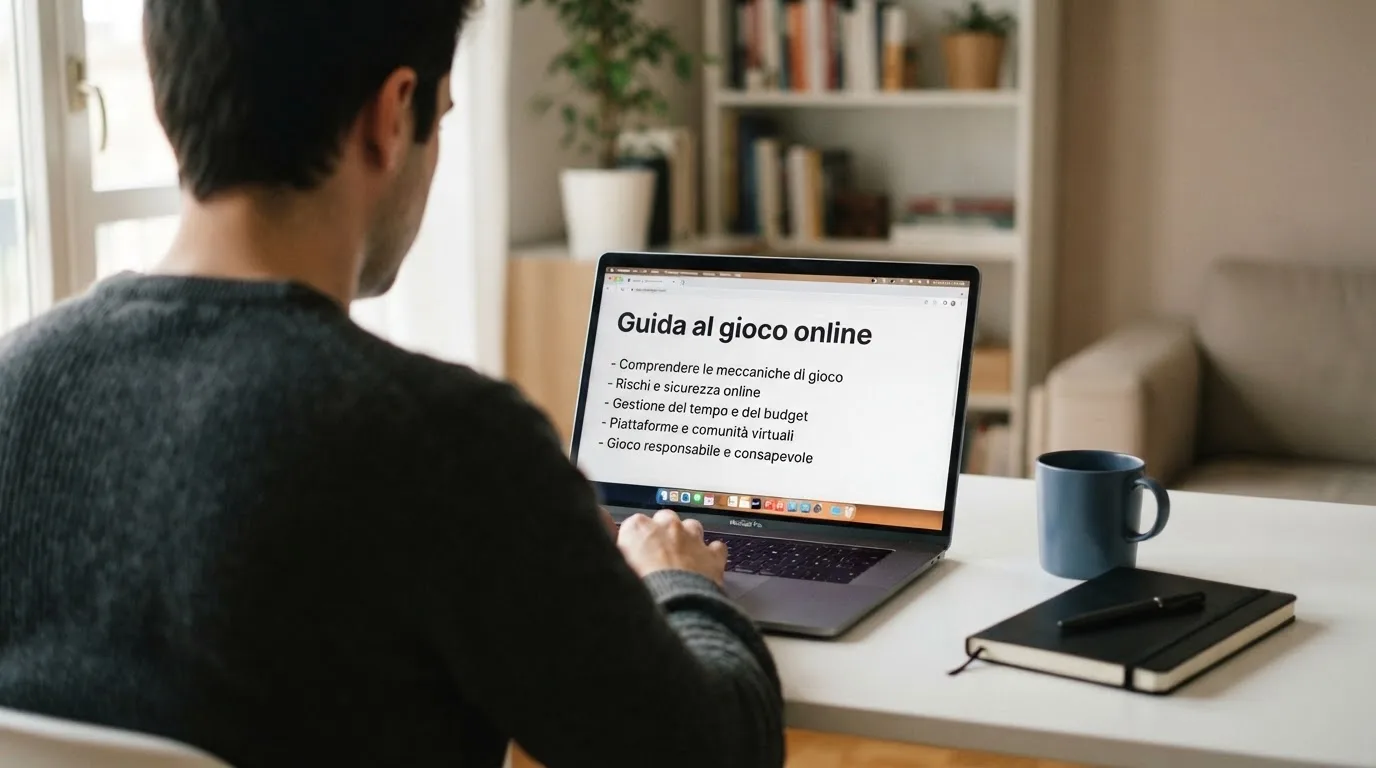 Persona davanti a un portatile che legge una pagina informativa sul gioco online in Italia — casino senza codice fiscale