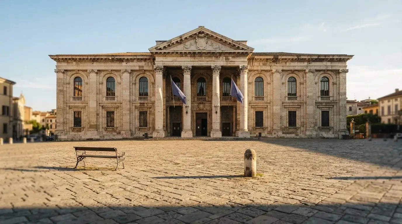 Palazzo istituzionale con bandiere al vento in una piazza soleggiata — casino senza codice fiscale