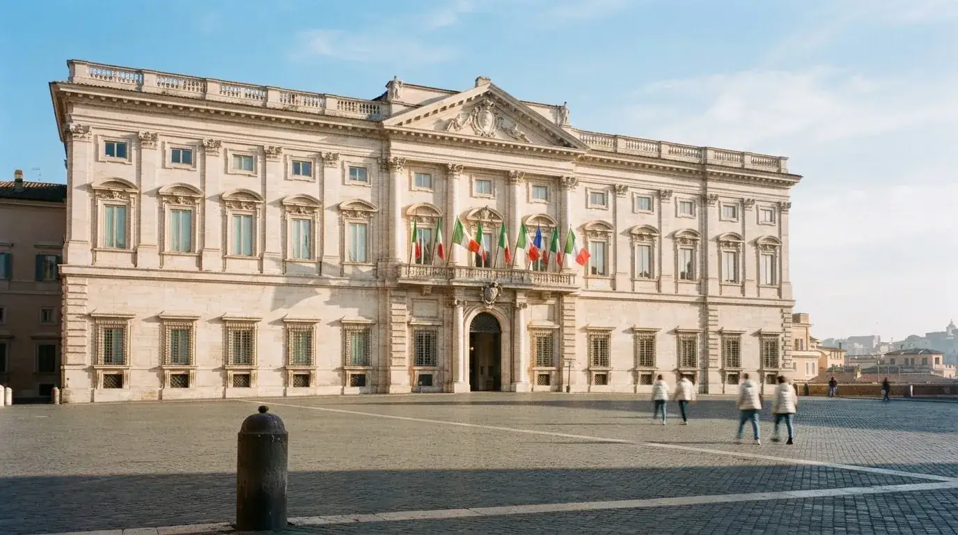 Palazzo istituzionale con bandiere al vento in una piazza soleggiata — casinò slot machines con rtp alto